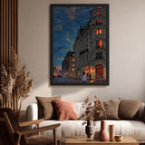Cityscape Vintage Line Art Wall Art – Starry Night Street Illustration
