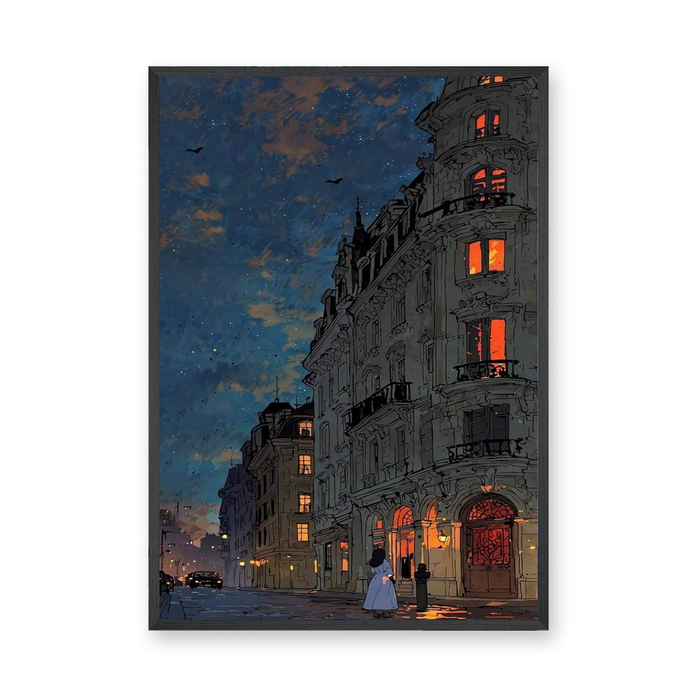 Cityscape Vintage Line Art Wall Art – Starry Night Street Illustration