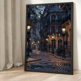 Cityscape Vintage Wall Art – Moody Lamplit Cobblestone Street