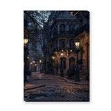 Cityscape Vintage Wall Art – Moody Lamplit Cobblestone Street