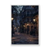 Cityscape Vintage Wall Art – Moody Lamplit Cobblestone Street