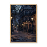 Cityscape Vintage Wall Art – Moody Lamplit Cobblestone Street
