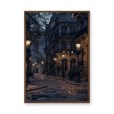 Cityscape Vintage Wall Art – Moody Lamplit Cobblestone Street