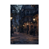 Cityscape Vintage Wall Art – Moody Lamplit Cobblestone Street