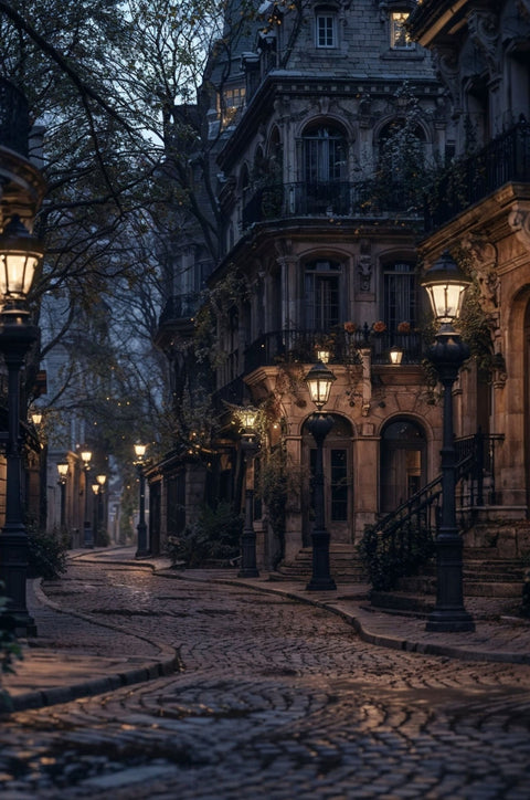Cityscape Vintage Wall Art – Moody Lamplit Cobblestone Street