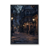 Cityscape Vintage Wall Art – Moody Lamplit Cobblestone Street