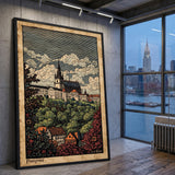 Cityscape Vintage Wall Art – Pissiques hilltop town with trees