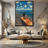 Coastal City Cliff Modern Wall Art – Traveler Over Harbor and Blue Sky