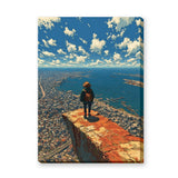 Coastal City Cliff Modern Wall Art – Traveler Over Harbor and Blue Sky