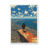 Coastal City Cliff Modern Wall Art – Traveler Over Harbor and Blue Sky