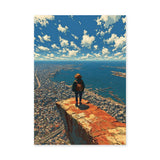 Coastal City Cliff Modern Wall Art – Traveler Over Harbor and Blue Sky