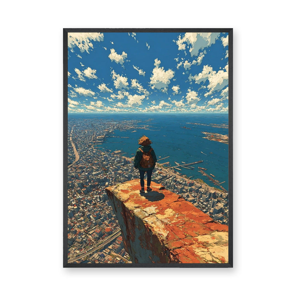 Coastal City Cliff Modern Wall Art – Traveler Over Harbor and Blue Sky