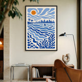 Coastal City Modern Wall Art – Blue Skyline, Waves and Sunset