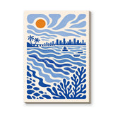 Coastal City Modern Wall Art – Blue Skyline, Waves and Sunset