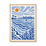 Coastal City Modern Wall Art – Blue Skyline, Waves and Sunset