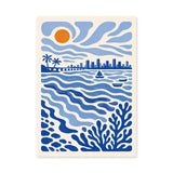 Coastal City Modern Wall Art – Blue Skyline, Waves and Sunset