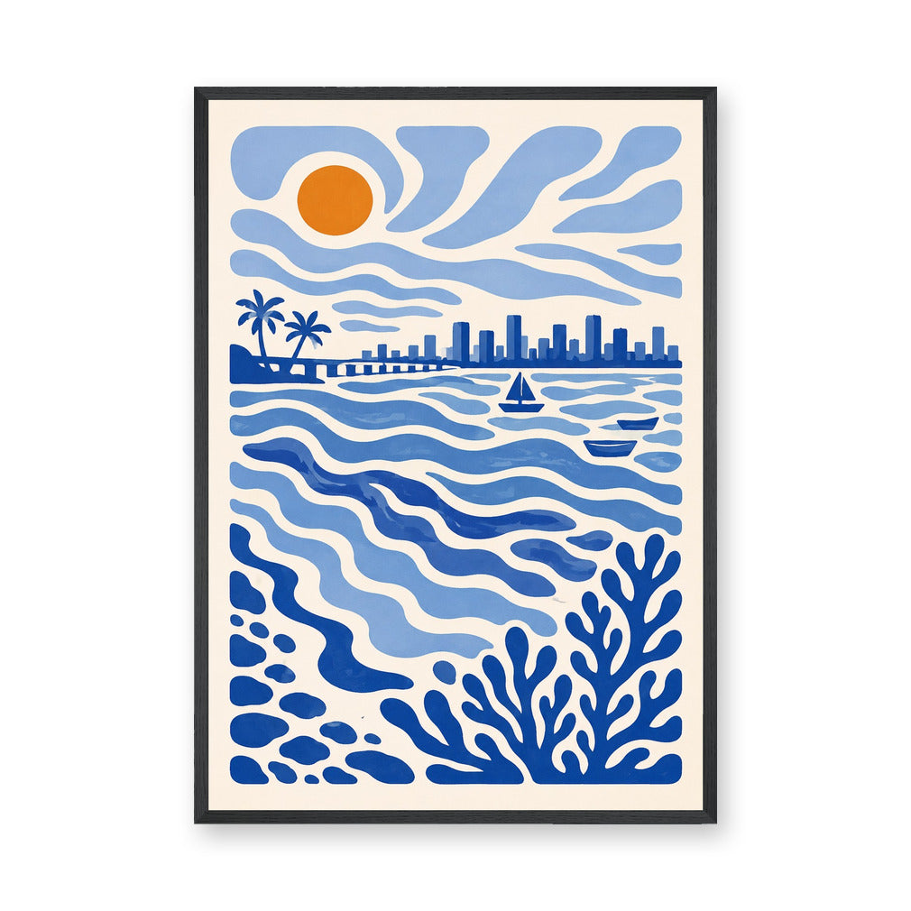 Coastal City Modern Wall Art – Blue Skyline, Waves and Sunset