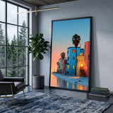 Coastal Cityscape Modern Wall Art – Colorful Sunset Houses by the Water