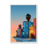 Coastal Cityscape Modern Wall Art – Colorful Sunset Houses by the Water