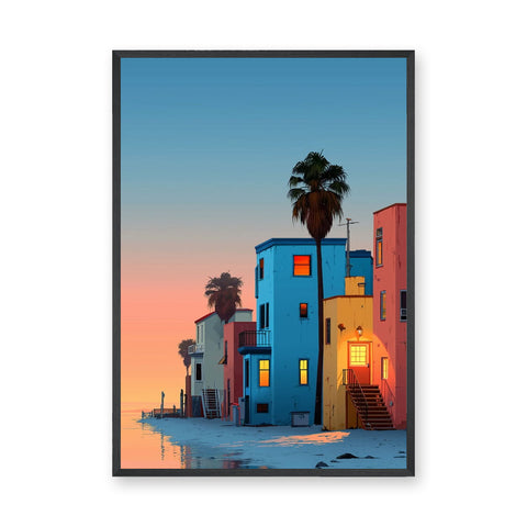 Coastal Cityscape Modern Wall Art – Colorful Sunset Houses by the Water