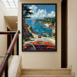 Coastal Road Drive Retro Wall Art – Vintage Convertible Ocean Cliff Print
