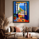Coastal Window Cat Modern Wall Art – Open Blue Doors to Seaside View