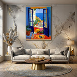 Coastal Window Cat Modern Wall Art – Open Blue Doors to Seaside View