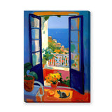 Coastal Window Cat Modern Wall Art – Open Blue Doors to Seaside View
