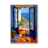 Coastal Window Cat Modern Wall Art – Open Blue Doors to Seaside View