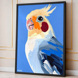 Cockatiel Modern Wall Art – Colorful Bird Portrait on Blue Background