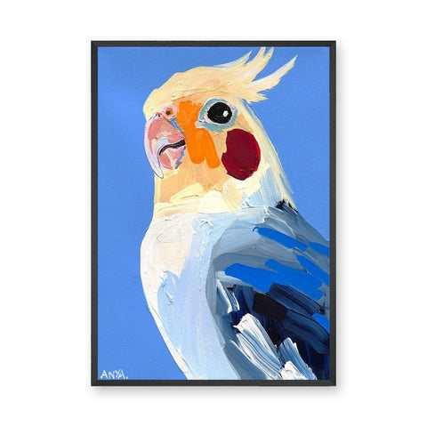 Cockatiel Modern Wall Art – Colorful Bird Portrait on Blue Background