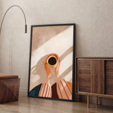 Coffee Cup Minimalist Wall Art – Hands Holding Coffee in Warm Sunlight