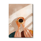 Coffee Cup Minimalist Wall Art – Hands Holding Coffee in Warm Sunlight