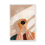 Coffee Cup Minimalist Wall Art – Hands Holding Coffee in Warm Sunlight