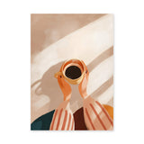 Coffee Cup Minimalist Wall Art – Hands Holding Coffee in Warm Sunlight
