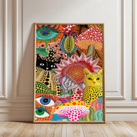 Colorful Expressive Cats and Flowers Pop Art Print, Vibrant Cat Home Art