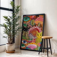 Colorful Expressive Cats and Flowers Pop Art Print, Vibrant Cat Home Art