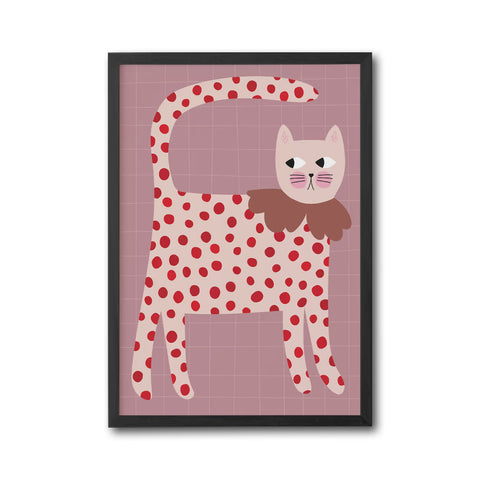 Colorful Cat Print with Red Polka Dots – Nursery Wall Print for Kids Room or Playroom Decor