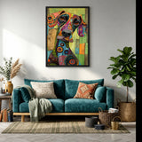 Colorful Dog Portrait Pop Art Wall Art – Patterned Pup on Green Wood