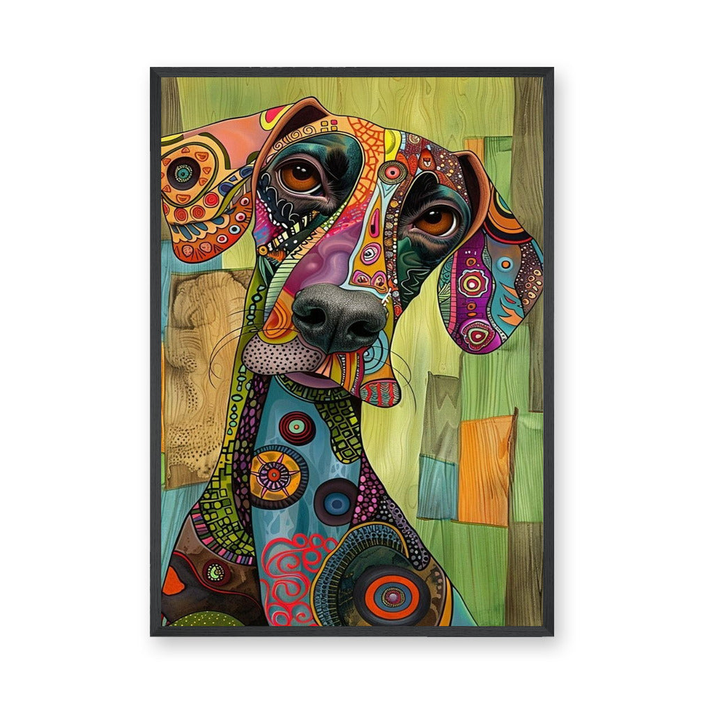 Colorful Dog Portrait Pop Art Wall Art – Patterned Pup on Green Wood
