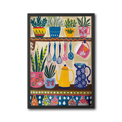Colorful Floral Kitchen Decor, Boho Scandinavian Shelf Design with Utensils and Flowers, Kitchen Wall Poster