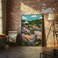 Colorful Hillside Village Illustration Aesthetic Home Art Print
