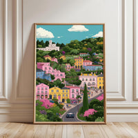 Colorful Hillside Village Illustration Aesthetic Home Art Print