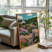 Colorful Hillside Village Illustration Aesthetic Home Art Print