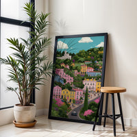 Colorful Hillside Village Illustration Aesthetic Home Art Print