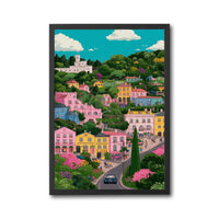 Colorful Hillside Village Illustration Aesthetic Home Art Print