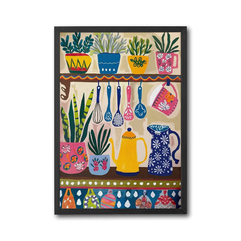 Colorful Kitchen Home Art, Kitchen Decor, Floral Print, Boho Scandinavian Decor, Kitchen Poster, Shelf Poster With Utensils and Flowers