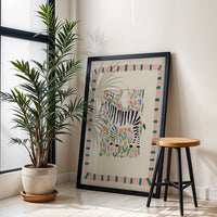 Colorful Zara Zebra Illustration, Jungle Animal Kids Nursery Wall Print Art