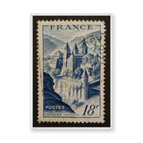 Conques France Vintage Wall Art – Blue Postage Stamp Illustration