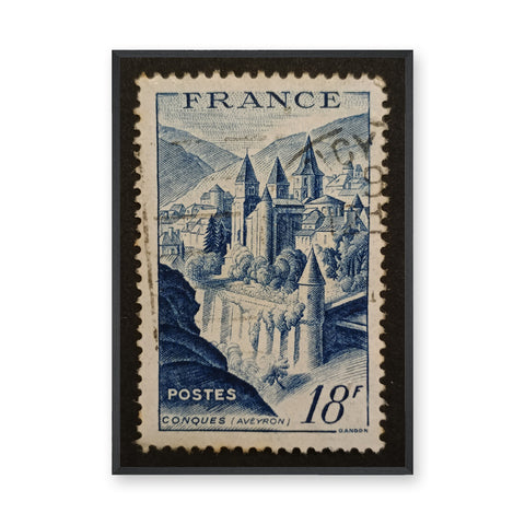 Conques France Vintage Wall Art – Blue Postage Stamp Illustration